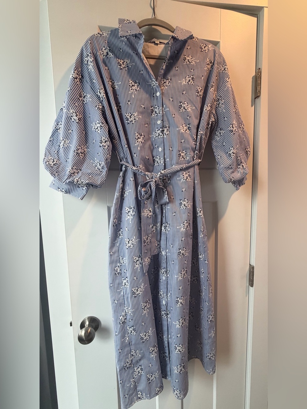 Avara Blue Striped Floral Midi Dress with Belt